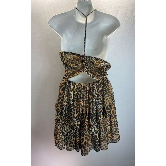 Revolve LPA cut out Cheetah print Ruffled sleeveless Sexy mini dress halter MED - Picture 2 of 11
